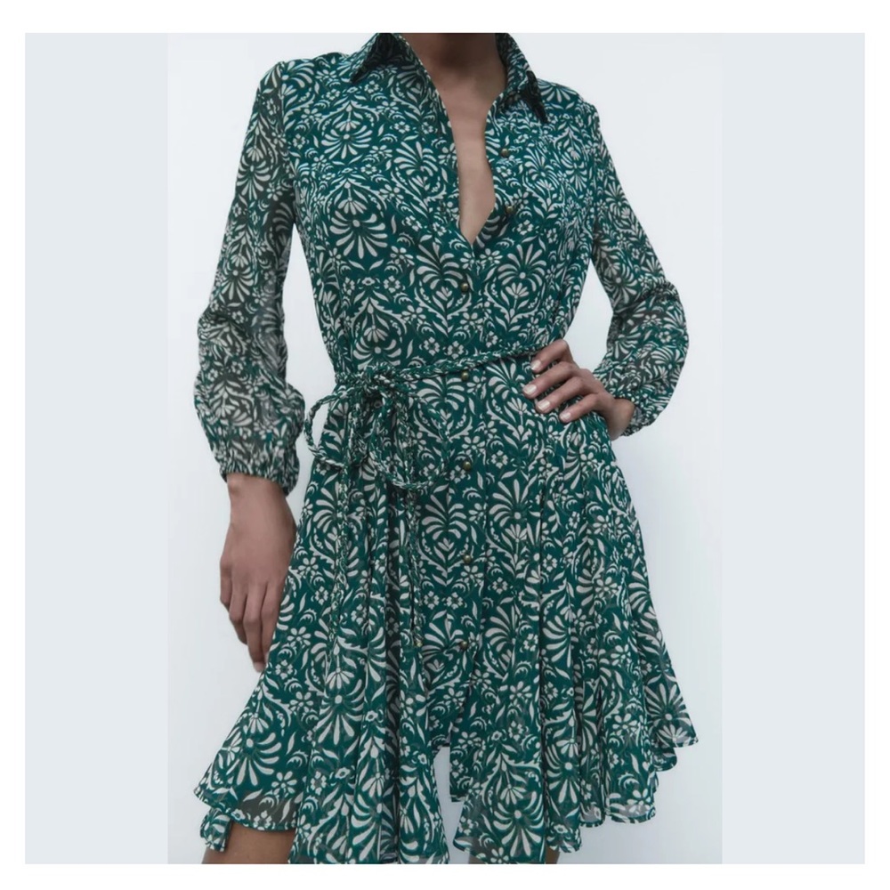 Zara Long Sleeve Belted Dark Green Floral Print Mini Dress
